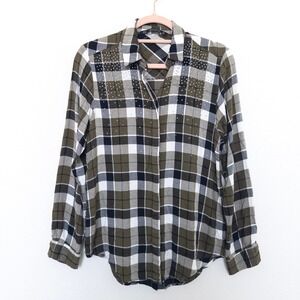 Zara Womens Shirt Size S Green Plaid Flannel Long Sleeve Beaded Grunge Indie Y2K